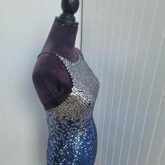 Cache Womens Sequin Blue Silver Maxi Formal Dress Prom Queen Slit Open Back Sz 4 - Picture 5 of 16